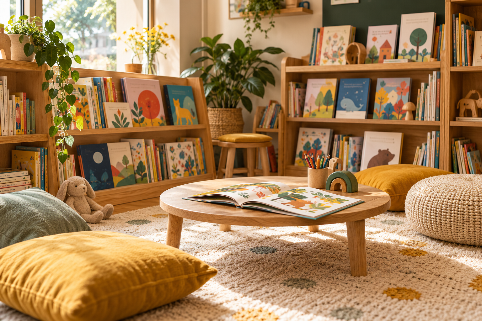 Rincón ilustrativo de lectura infantil con álbumes y estanterías bajas
