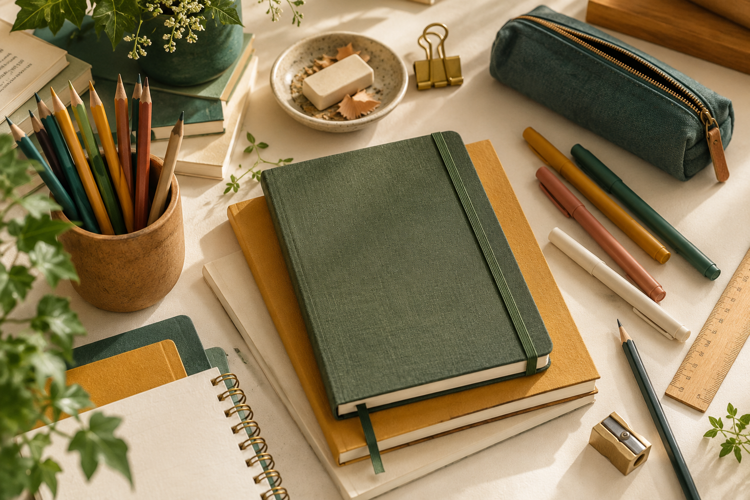 Composición ilustrativa de cuadernos, lápices y material escolar