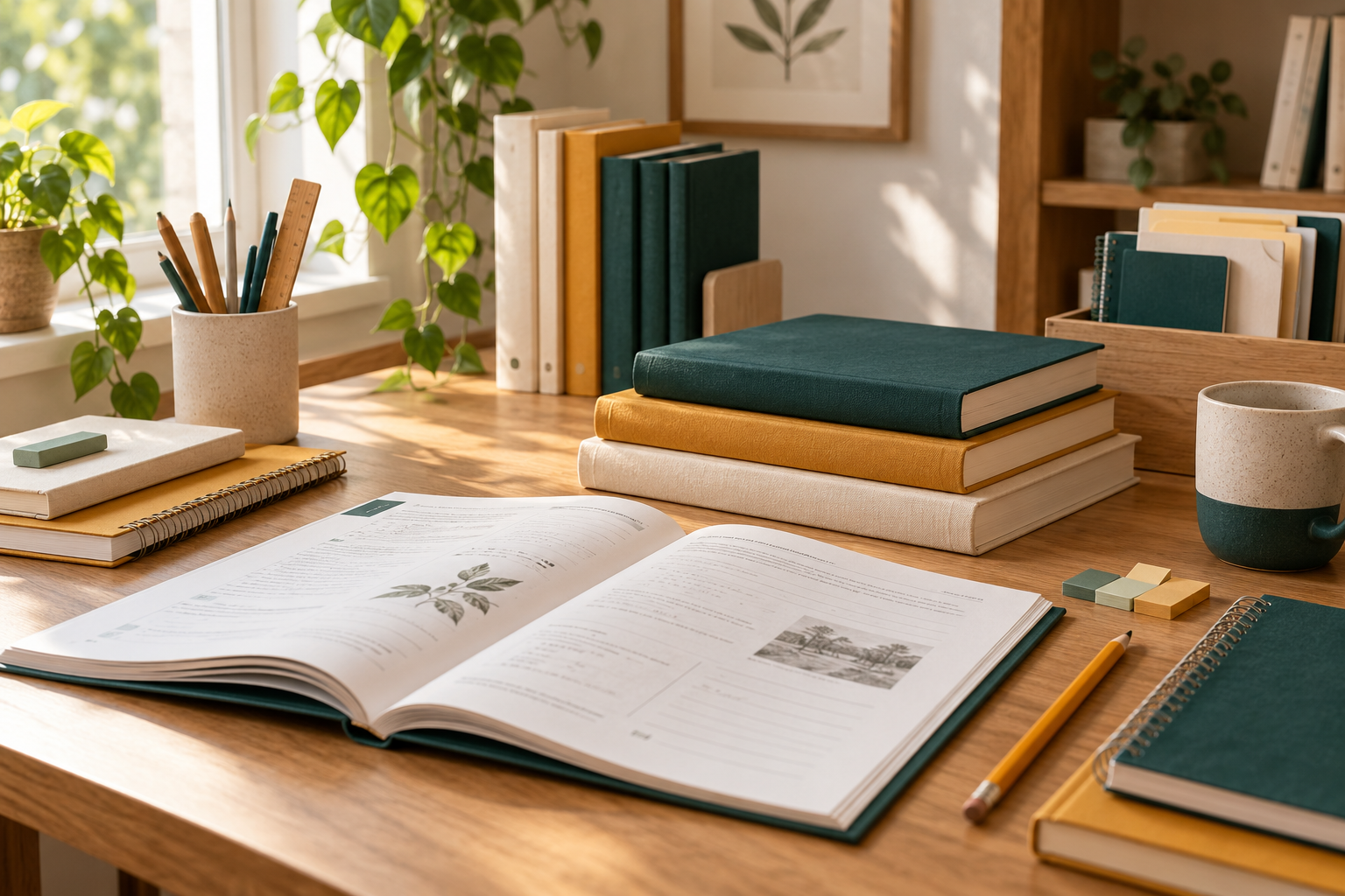 Composición ilustrativa de libros de estudio y cuadernos sobre un escritorio